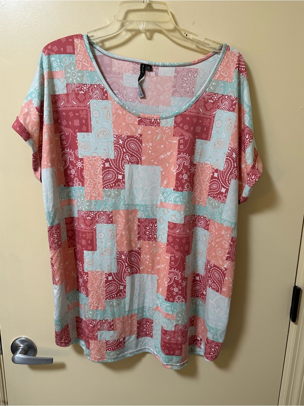 Ashley Blue Patchwork Paisley Short Sleeve Tee in Pink & Light Blue